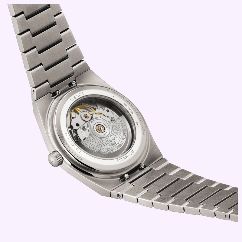 Tissot PRX Titanium 38mm T1378074406100 close-up of the integrated titanium bracelet links and butterfly clasp