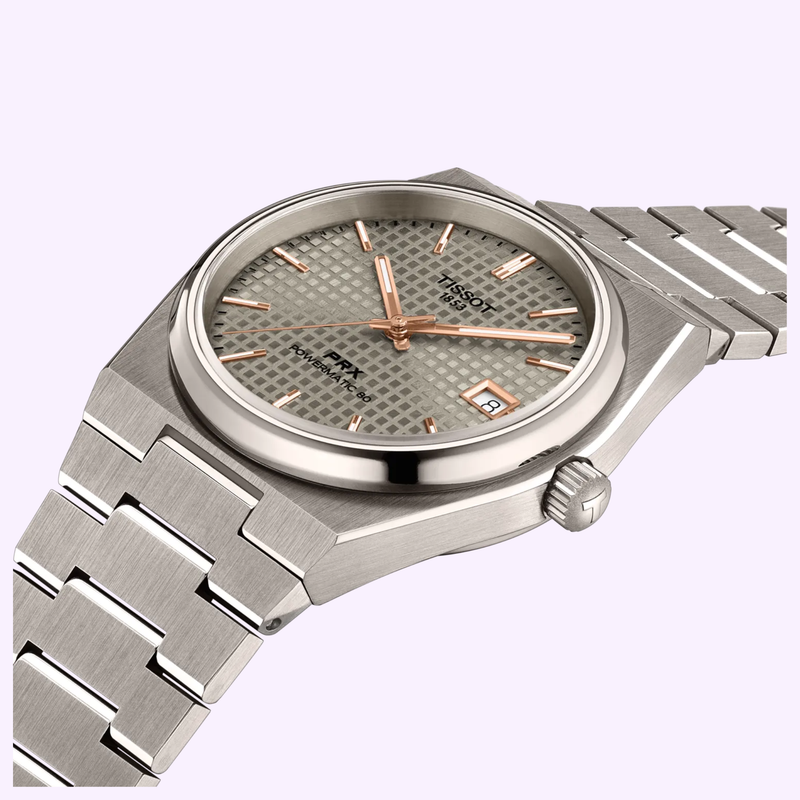 Tissot PRX Titanium 38mm T1378074406100 shown from the side, highlighting the tonneau case shape and integrated titanium bracelet