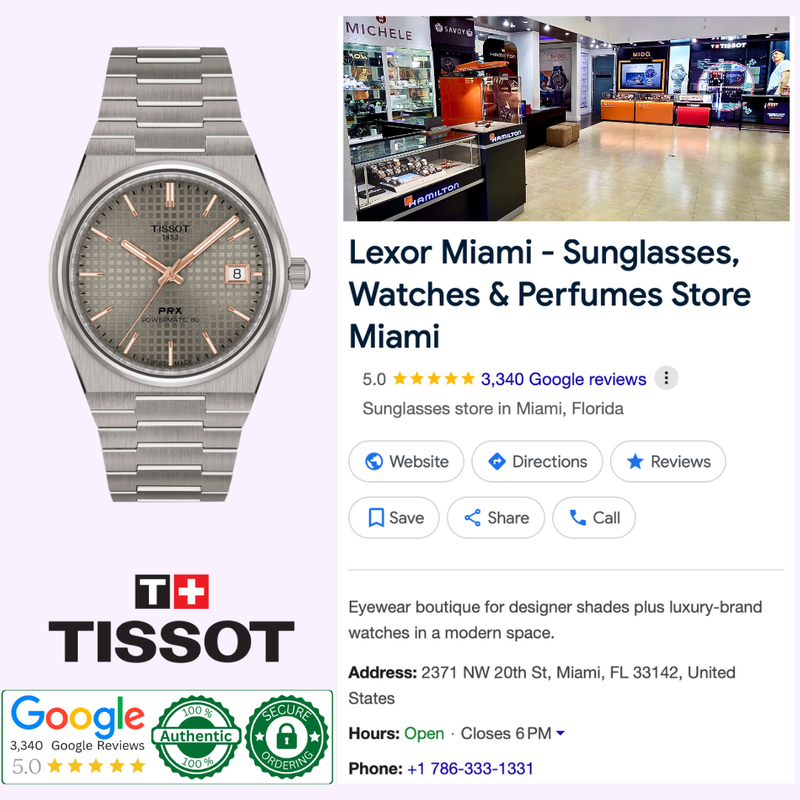 Split image showing the Tissot PRX Titanium 38mm T1378074406100 next to a Google Business listing for Lexor Miami with customer reviews and store photos