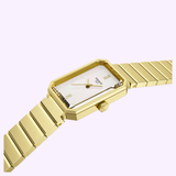 A Tissot Watches SRV 30mm T1601103311300, featuring a gold rectangular stainless steel case, metal link band, and white dial with minimalist gold hour markers and hands—powered by Swiss quartz solar movement—is elegantly displayed on a light background.