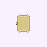 A gold rectangular Tissot Watches SRV 30mm T1601103311300 case back features engraved text, a crown positioned on the left side, and four lugs at each corner, all displayed against a light purple background. This sophisticated design exemplifies the renowned precision of Swiss quartz solar movement found in select 30mm stainless steel timepieces by Tissot Watches.