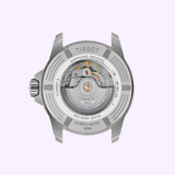 The back of the Tissot Watches Seastar 2000 44mm T1209071728100 showcases its Swiss Powermatic 80 automatic movement, with "Sapphire Crystal," "ISO 6425 (2016)," and "Diver’s Watch 600m" engraved on the sturdy metal case.