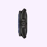 A side view of the Tissot Watches Seastar 2000 44mm T1209073704100 in black, featuring a textured crown and a thick, rugged case—an impressively robust diver’s watch from Tissot Watches—set against a light purple background.