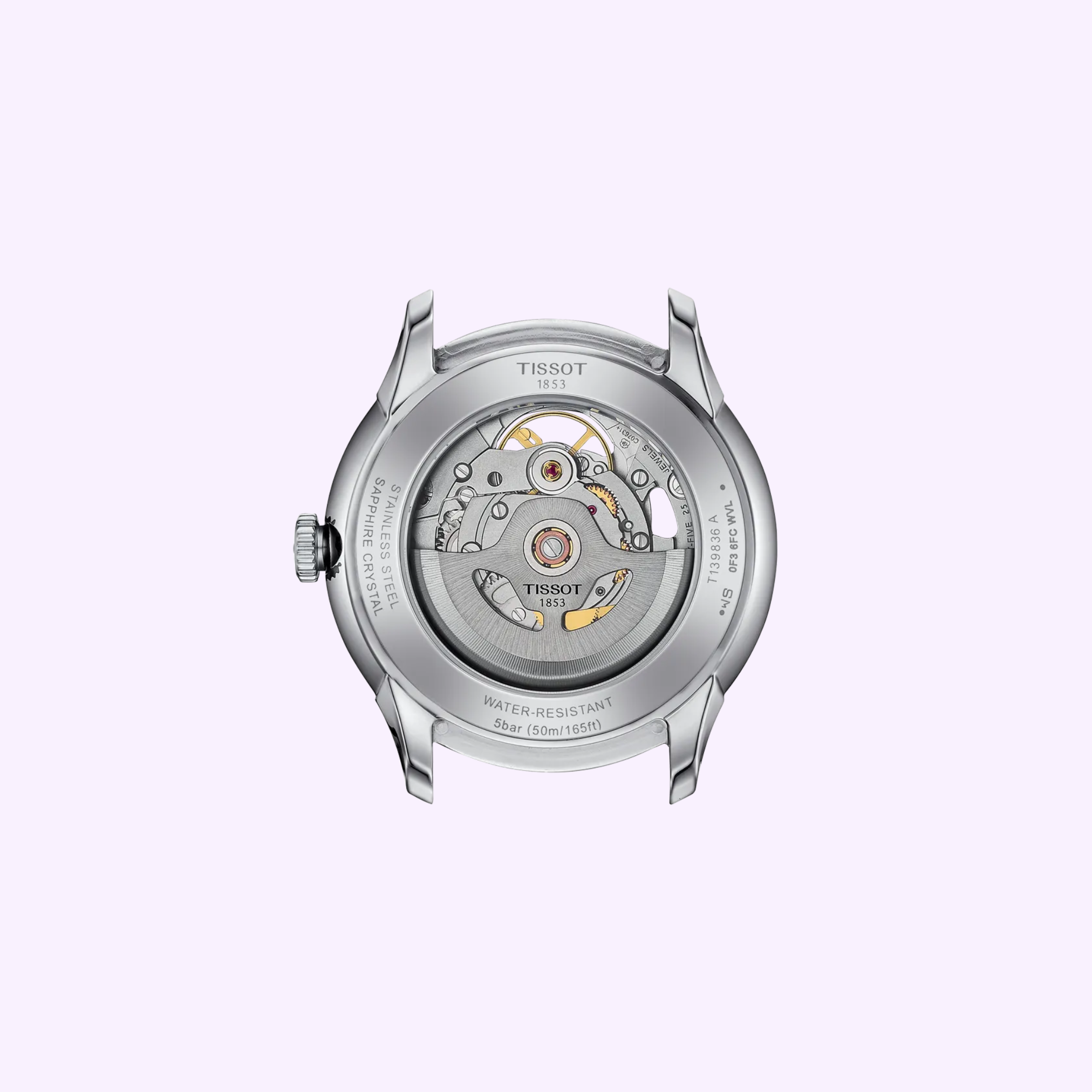Back view of the Tissot Watches Seastar Chemin Des Tourelles Skeleton 39mm (T1398361626100) in silver, showcasing its exposed inner gears and intricate Swiss automatic movement, set against a light purple background.