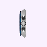 Side view of a silver Tissot Watches Supersport Chrono 42mm T1254171104100 with a blue bezel and a crown featuring a T logo.