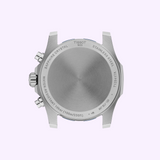Stainless steel case back of a Tissot Watches Supersport Chrono 42mm T1254171104100, engraved with technical specifications, model number, and water resistance rating.