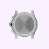 The back of a Tissot Watches Supersport Chrono 42mm T1254171135100 stainless steel case displays engraved details on water resistance, sapphire crystal, and the model number, with clearly visible buttons and crown—an expertly crafted Swiss timepiece by Tissot Watches featuring a sturdy 42mm chronograph design.