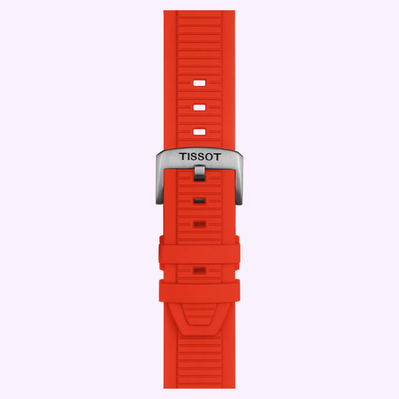 Tissot T-Race MotoGP 2026 45mm T1414622705100 close-up of the red nitrile rubber strap and case lugs