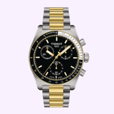 The Tissot Watches T1494172205100 TISSOT PR516 CHRONOGRAPH features a sleek black dial with gold and silver hour markers, three subdials, and a stylish two-tone stainless steel bracelet. Its black bezel with tachymeter markings pairs seamlessly with the refined design of this elegant quartz watch from Tissot Watches.