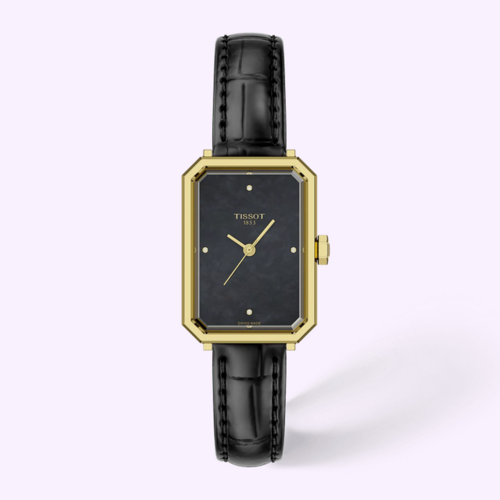 Tissot T160.110.36.126.00 Black Mother of Pearl Diamond watch with rectangular yellow-gold PVD case and black leather strap