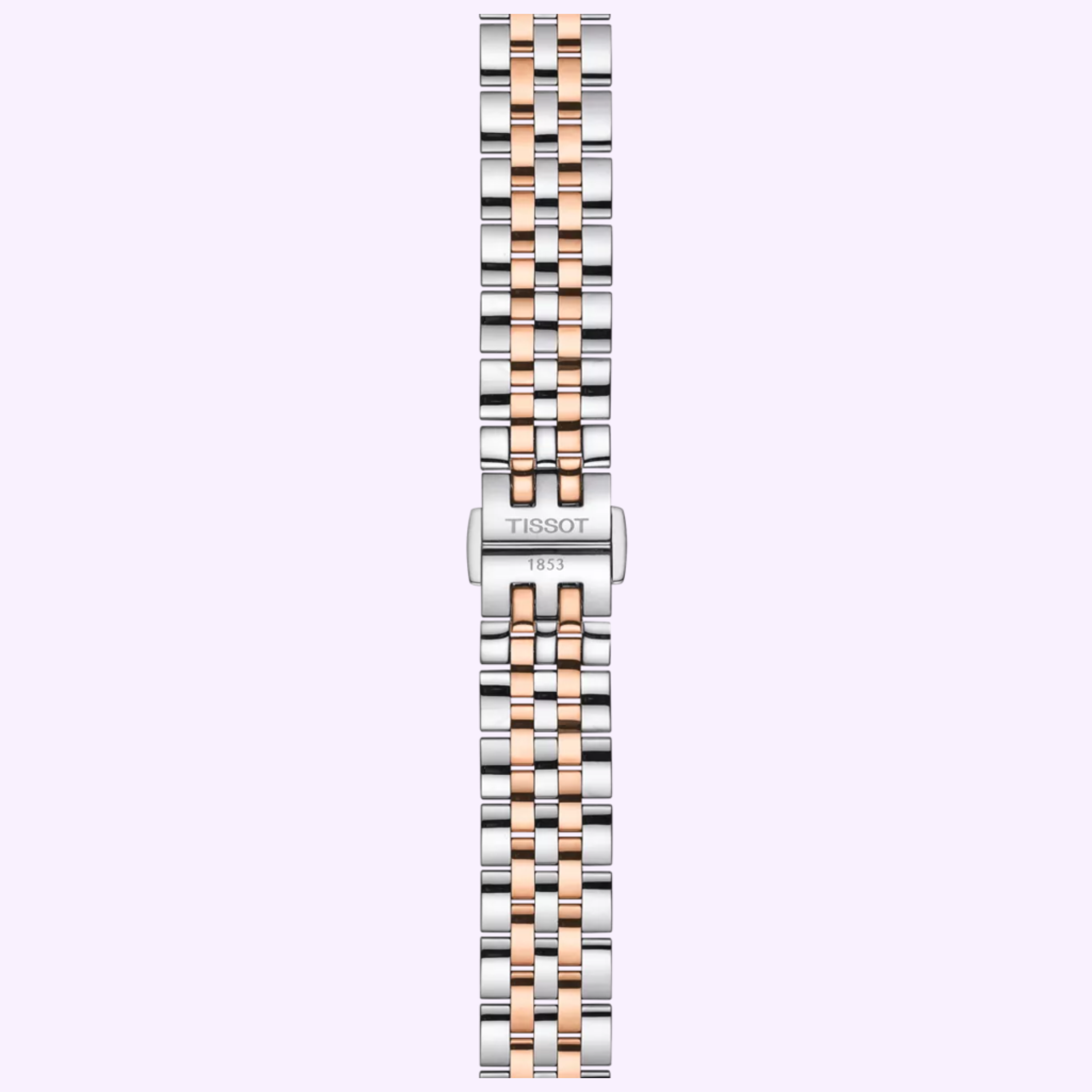 The Tissot Watches Le Locle T0062072211600 features a two-tone stainless steel strap with silver and rose gold links, and a clasp engraved with TISSOT 1853, displayed vertically on a light background.