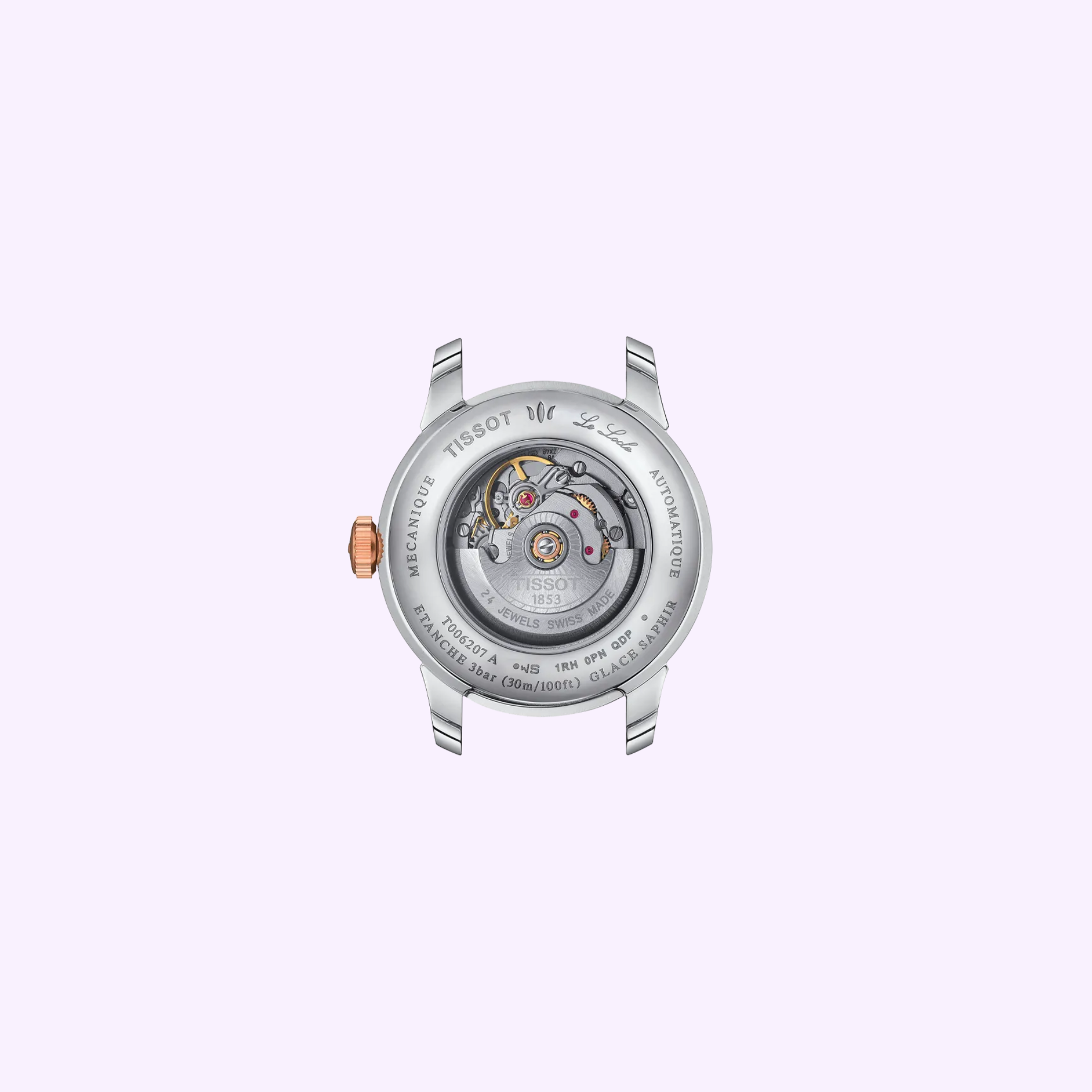 The Tissot Watches Tissot Le Locle T0062072211600 features a transparent case back displaying its intricate gears and movement, with engraved model details—a tribute to Le Locle’s renowned watchmaking heritage.