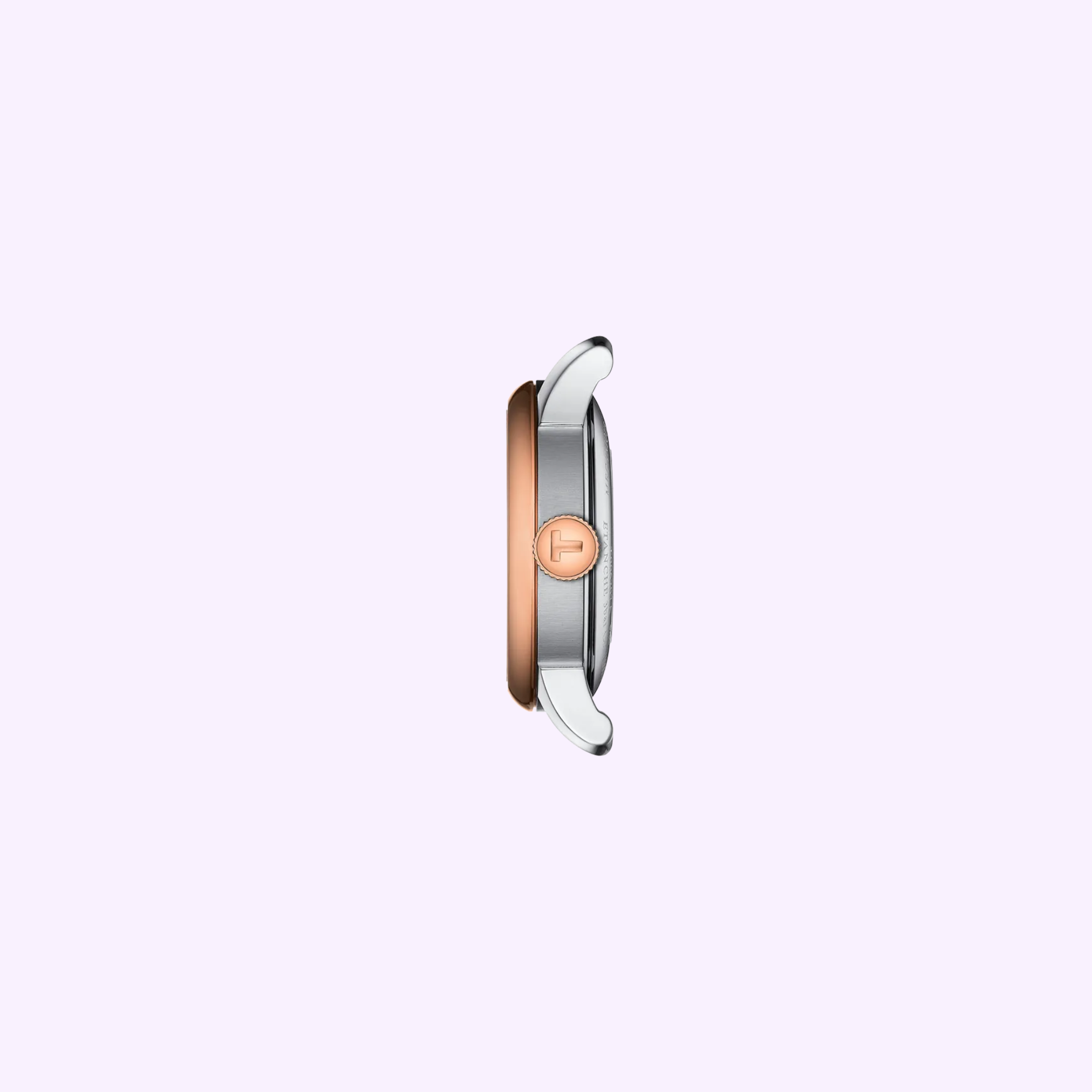 Side view of the Tissot Watches Tissot Le Locle T0062072211600 with a silver case, rose gold bezel, and rose gold crown featuring an engraved H logo, displayed on a pale lavender background.