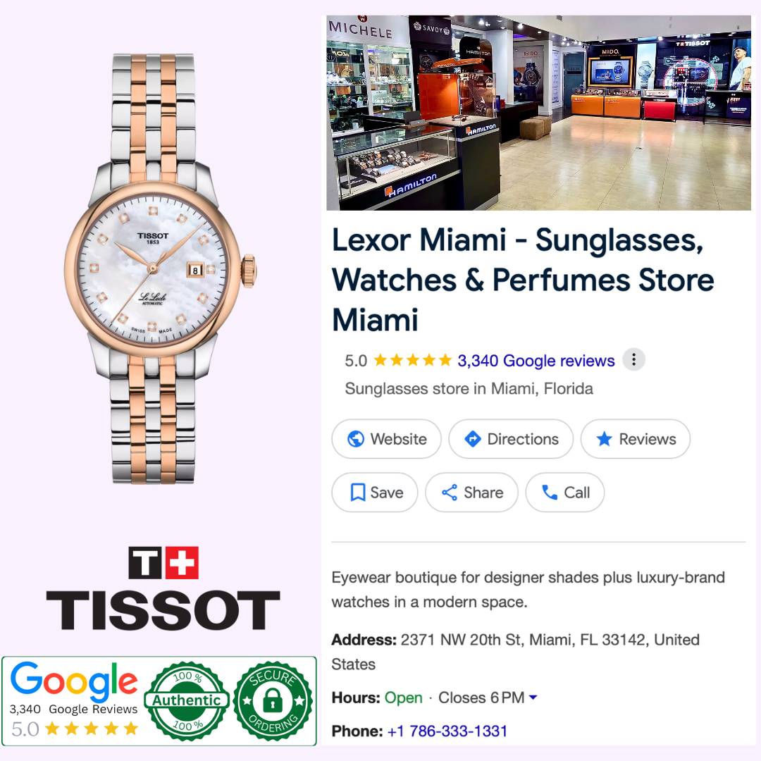 An ad for Lexor Miami highlights the Tissot Watches Tissot Le Locle T0062072211600, a luxury watch with Wesselton diamonds. It features store info, reviews, hours, location, phone number, authenticity badges, and a photo of the store interior.