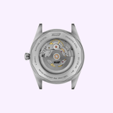 The Tissot Watches Visodate 39mm T1574071603100 features a silver case back displaying its exposed Powermatic 80 automatic movement, with engraved details highlighting water resistance, sapphire crystal, and stainless steel construction, set against a light background.