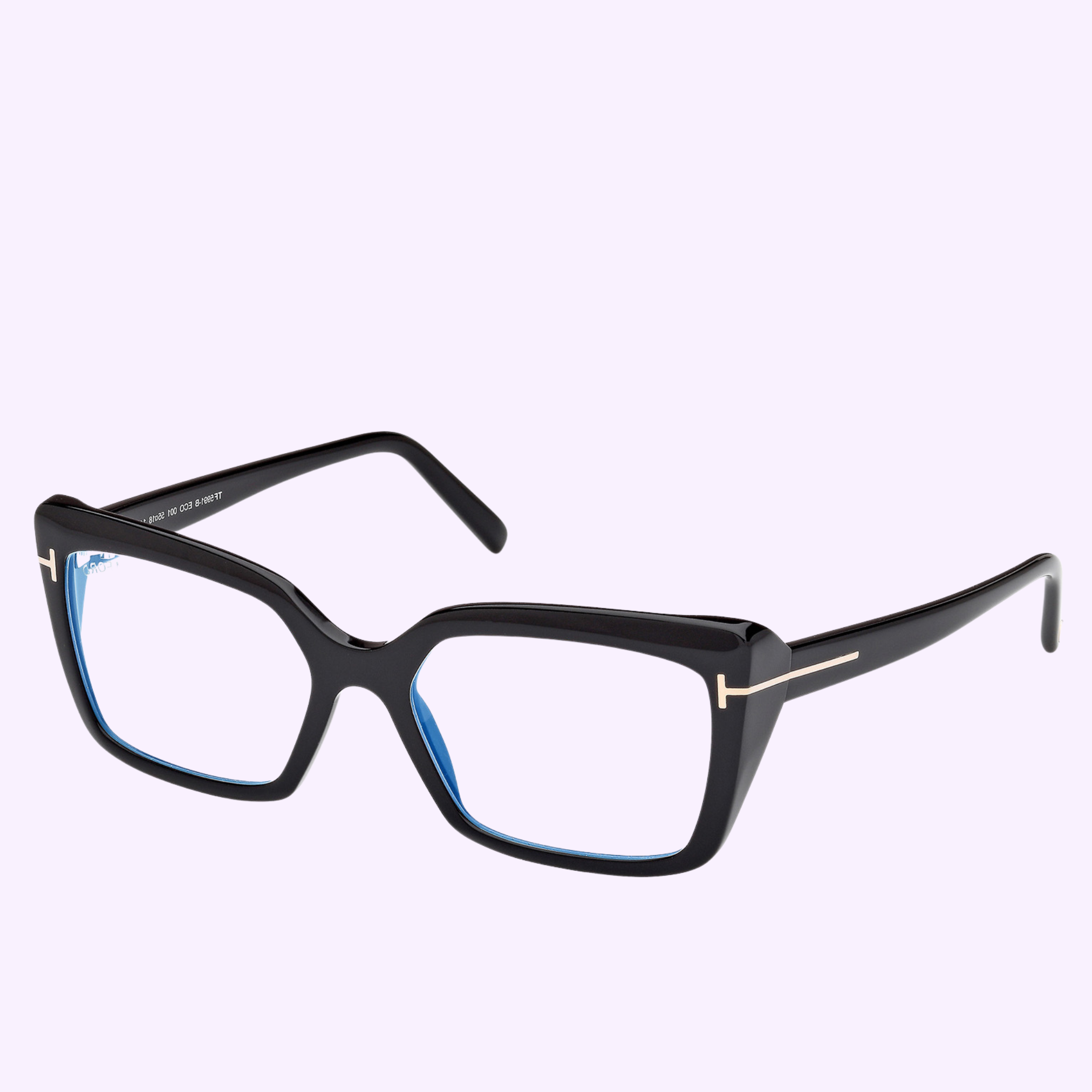 Tom Ford Optical Frames FT5991-B 55001 by Tom Ford Sunglasses: black rectangular frames with thick rims, gold temple accents, and blue-tinted inner edges, showcased on a light lavender background for a chic Miami vibe.