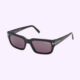 Tom Ford Sunglasses FT1075 5401A (UPC 889214468925) feature black square frames, dark lenses, and gold accents with TOM FORD branding on the right temple. Displayed against a light lavender background, these sunglasses are available from an Authorized Dealer in Miami.