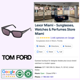 A collage showcases Tom Ford Sunglasses, specifically highlighting the FT1075 5401A (UPC 889214468925), alongside the interior of Lexor Miami, an Authorized Dealer in Miami. The display also includes Google reviews, store address, business hours, contact phone number, and authenticity certifications.