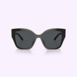 Tory Burch Sunglasses 0TY7184U 17281354 by Tory Burch Sunglasses feature a black cat-eye design with dark lenses, a thick frame, UV protection, and subtle metallic accents along the edges. They are showcased against a light purple background.