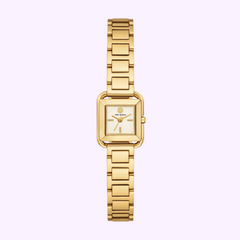 The Tory Burch Watches THE KIRA SQUARE TBW6022 women's watch features a gold square face and gold link bracelet, shown on a light pastel background.