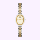 The Tory Burch Watches THE OVAL TBW6033 (UPC 796483662513) is a women’s two-tone watch featuring a gold and silver linked band, an oval cream dial with minimal markings, gold hour markers and hands, plus subtle Tory Burch branding.