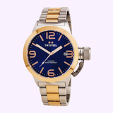 Introducing the TW Steel Watches CB141 Canteen Bracelet, featuring a bold blue dial, a two-tone rose gold and steel band, a large gold bezel, and a distinctive crown. This men’s watch showcases the date display and is water resistant up to 100 meters. Available at Lexor Miami.