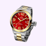 A TW Steel Watches CB71 Canteen men’s wristwatch featuring a bold red dial accented with large yellow numerals, signature TW Steel branding, and a date display. This eye-catching timepiece includes a two-tone yellow gold plated steel bracelet and an oversized crown, combining silver and gold tones for a distinctive look.