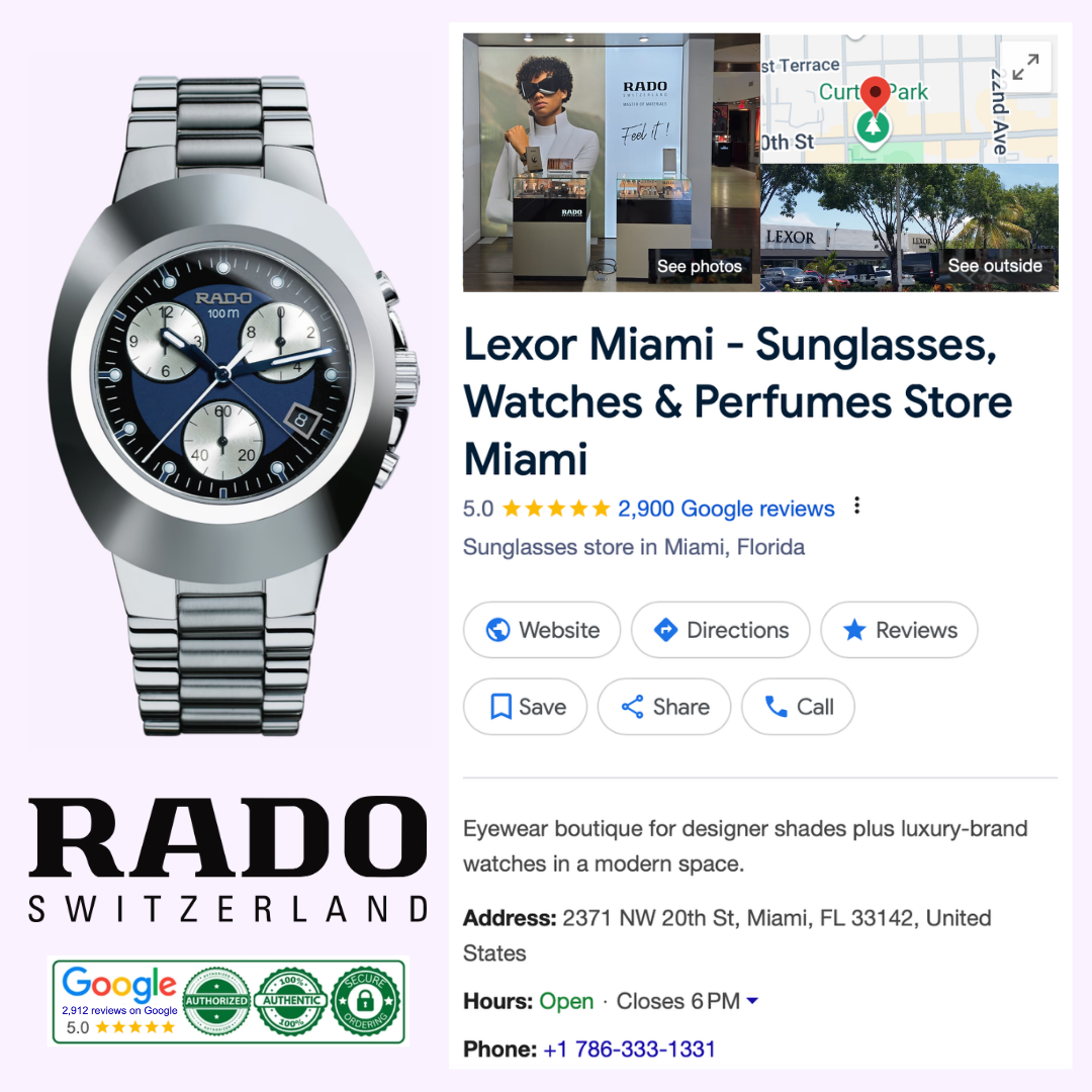 A Rado Watches New Original Chronograph R12638173 and logo appear beside a Google listing for Lexor Miami, highlighting high performance materials, store details, reviews, contact info, and a storefront image in Miami, Florida.