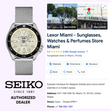 A Seiko SRPE75 5 Series Silver Stainless Steel Mesh Strap Men’s Watch from Seiko Watches is displayed beside a Lexor Miami store Google listing with contact, store info, and a Seiko authorized dealer banner.