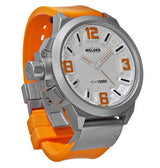 The Welder Watches 905 K22 Oversize Unisex Watch by Lexor Miami features a silver stainless steel case, white face with orange numerals and markers, an orange rubber strap, and is water resistant up to 100 meters.