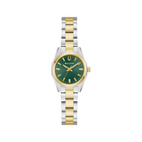The Bulova SURVEYOR 98L329 Ladies’ Watch (UPC#042429607460) by Bulova Limited Edition features a two-tone stainless steel band and a green sunray dial with gold hour markers and hands.