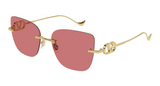 Valentino Sunglasses VG0033S 004 in gold with thin, wavy arms and square red-tinted lenses. The arms feature an interlocking detail near the hinges—a refined example of Italian craftsmanship from Valentino Sunglasses.