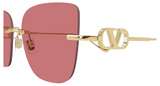 Close-up of Valentino Sunglasses VG0033S 004: gold frame, rectangular red lenses, and signature gold "V" logo detail on the arm.