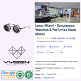 Experience the contemporary interior of the Lexor Miami store, where you’ll discover luxury unisex sunglasses and artisan Italian eyewear from Vysen Sunglasses, all showcasing the signature Vysen logo. Browse our curated assortment, featuring popular models such as the Vysen Nikky - NK4 Unisex Sunglasses. For your convenience, store information, Google ratings, hours of operation, contact details, and certifications are displayed throughout our Miami, Florida location.