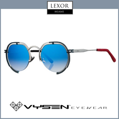 A pair of Vysen Panache P-2 Unisex Sunglasses with round metallic frames, blue gradient lenses, and red arm tips. The image displays Vysen Sunglasses and Lexor Miami logos on a light gray background for a luxury eyewear vibe.