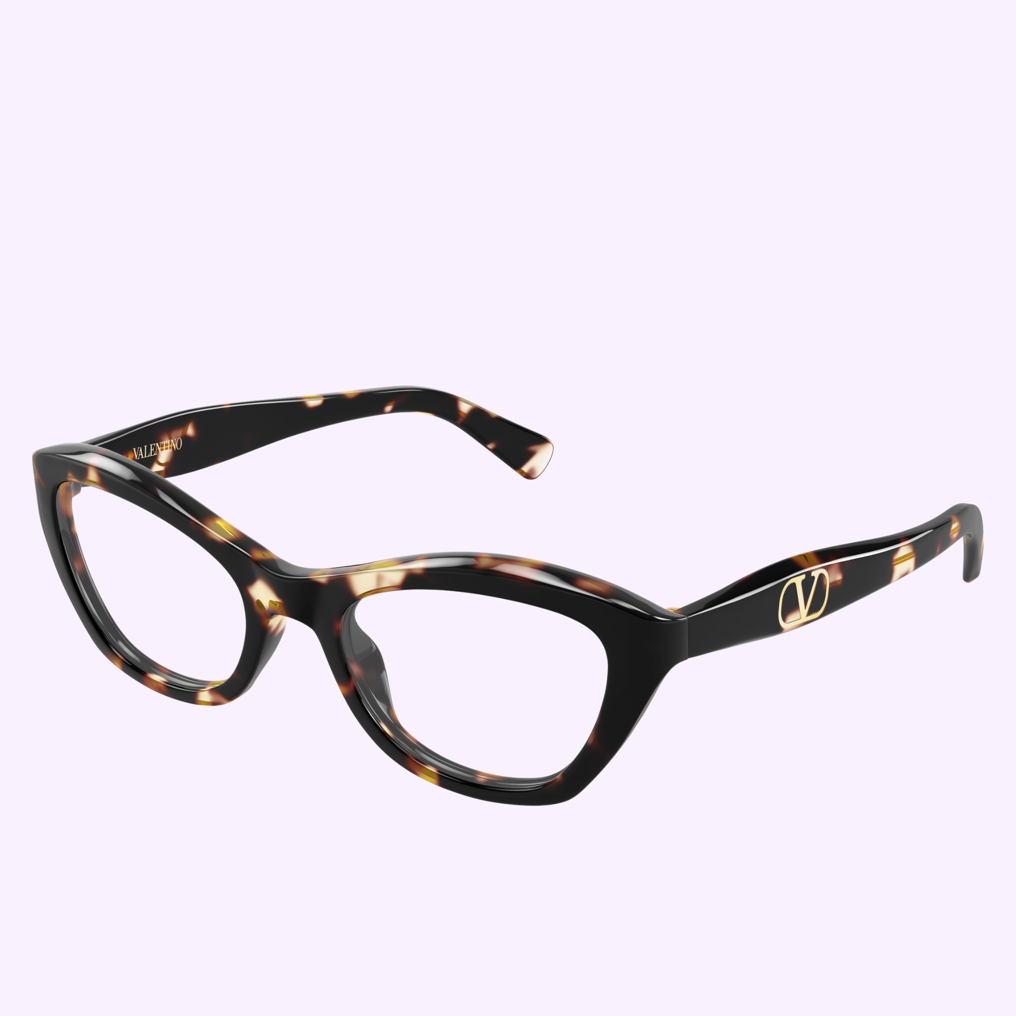 Valentino Optical Frames V LOGO VG0012O-002 53 by Valentino Sunglasses feature a tortoiseshell cat-eye design with gold VLogo details on the temples, shown against a light purple background.