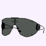 Versace 0VE2268 14338742 men’s sunglasses featuring an oversized, shield-style dark grey wraparound lens, thin black metal temples, and Medusa head emblems on the sides.