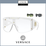 Versace 0VE4393 401/1W46 Unisex Sunglasses by Versace Sunglasses shown in white with gold Medusa detail, centered large and also displayed in black and green. Lexor Miami and Versace logos appear above and below the images.