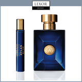 A Versace Pour Homme Dylan Blue 3.4 EDT bottle and 3.4 S/G Men Travel Set by Versace Perfumes sit on a white background with the LEXOR MIAMI logo above. Both items feature matching blue designs and gold accents.