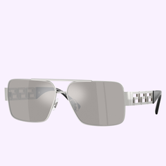 Silver-toned Versace Sunglasses 0VE2290 10016G61 aviator-style sunglasses with grey lenses and a Greek key design on the temples.