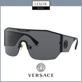 The image shows Versace VE2220 100987 41 Unisex Sunglasses with black shield frames, dark lenses, and Medusa logo on the temples. Lexor Miami and Versace Sunglasses logos appear on a gray background.