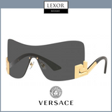 Versace VE2240 100287 40 Unisex Sunglasses feature a single dark shield lens, gold accents at corners and sides, sleek black arms, and display the Lexor Miami and Versace Sunglasses logos above and below.