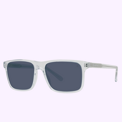Vuarnet Sunglasses BELVEDERE 01 VU40010I 5726V for men, featuring clear rectangular frames and dark lenses, are shown on a light purple background with the Vuarnet Sunglasses logo visible on the left temple.