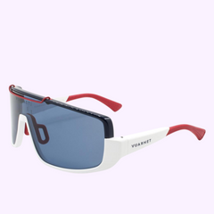 Vuarnet Sunglasses RACING 06 VU40050U 0024V Man feature a bold shield-style blue lens, thick white frame, and red arms with distinctive “Vuarnet” printed earpieces—ideal men’s ski sunglasses from Vuarnet Sunglasses.