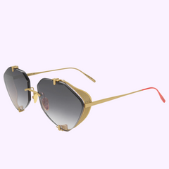 Vysen Sunglasses The Khoid KH2 Unisex, UPC 3423104192100, feature gold hexagonal frames, black gradient lenses, mesh side shields, and pink temple tips—handcrafted in Italy and shown on a light lavender background.