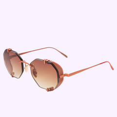 Vysen Sunglasses The Sever SV4 Unisex (UPC: 3423104192216) feature an angular, octagonal rose gold metal frame, brown gradient lenses, and decorative side mesh panels, shown on a light purple background.