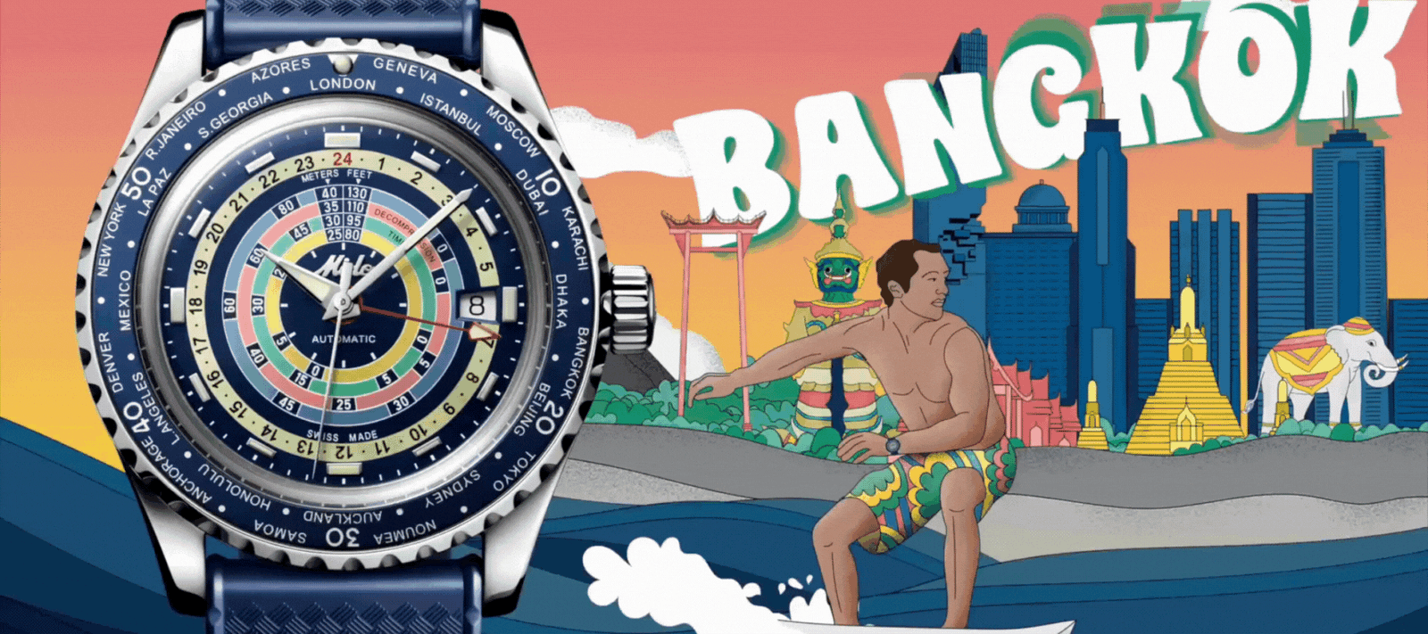 A colorful wristwatch with a city names bezel is shown in front of an illustrated Bangkok scene, featuring a man surfing, city skyscrapers, traditional Thai structures, and an elephant. BANGKOK is written in large letters.