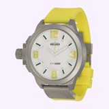 Introducing the Welder Gents White Dial Yellow Rubber Strap K22-902 Unisex Watch from Welder Watches, available at Lexor Miami. This watch showcases a bold white dial accented with vibrant yellow numerals and details, perfectly paired with an eye-catching yellow rubber strap for a contemporary look. With water resistance up to 100 meters, this watch seamlessly blends modern style and everyday functionality.
