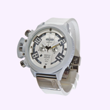 A large white Welder Watches K24-3311 50mm Chronograph men’s wristwatch, featuring a round face with stainless steel accents, three subdials, bold hour markers, and a white silicone strap, is displayed on a light purple background.