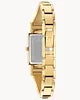 The Bulova Watch Classic 97P141 by Bulova Watches features a gold-tone rectangular case and linked band, shown from an angle that highlights its shiny metallic finish.
